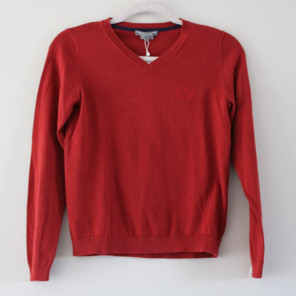 NWT Bonpoint Boys Dapu Pullover V Neck Sweater Terra Cotta Red Cotton 12 Year
